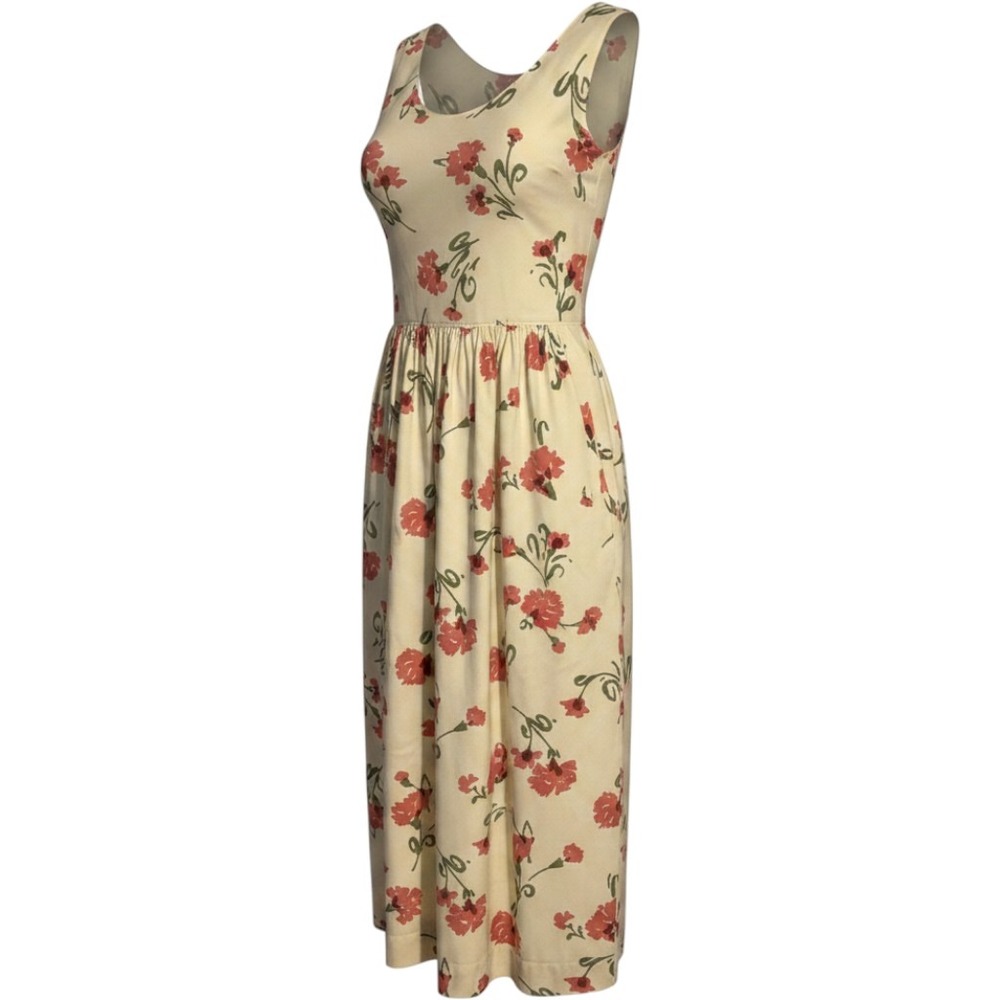 Vintage Yellow Floral Print Sleeveless Lined Pockets Empire Waist Midi Dress